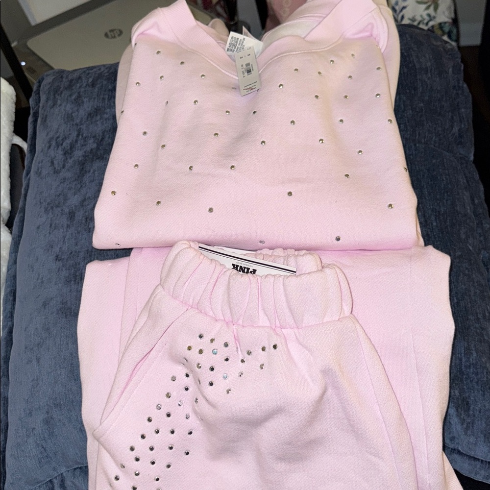 PINK Victoria's Secret Light Pink Set,Joggers and Crew Neck with Rhinestones